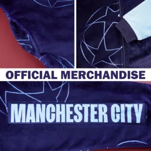 This is an official Manchester City FC onesie for men and teens, made of soft fleece with a hood, zip front, and pockets, perfect for lounging or showing team spirit.