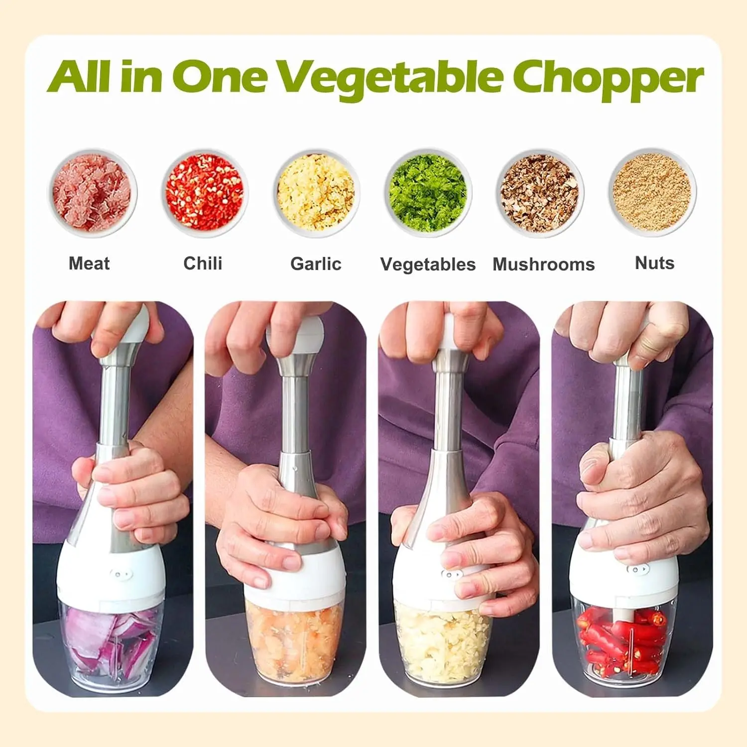 This is a manual food chopper that is perfect for quickly chopping vegetables, garlic, and other ingredients, making meal prep faster and easier.