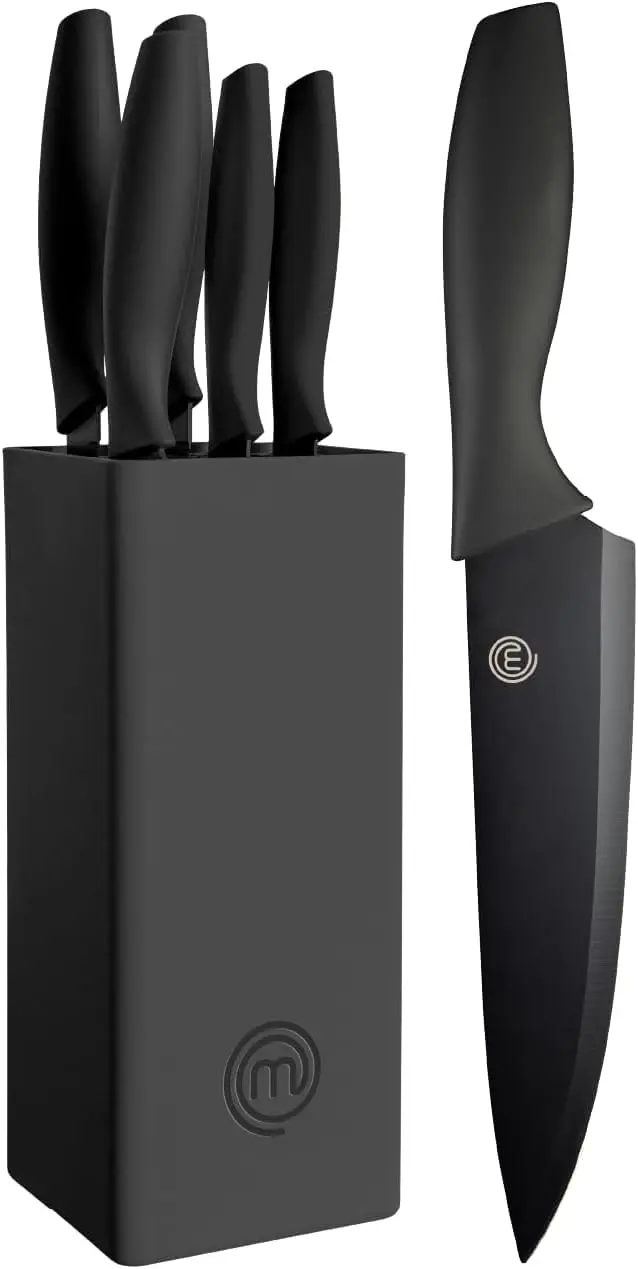 This is a MasterChef 5-piece kitchen knife set with a storage block, featuring hand-sharpened stainless steel blades and ergonomic soft-touch handles.