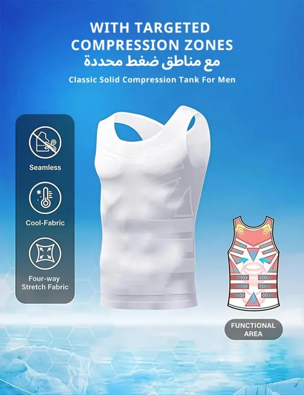 This men's slimming body shaper vest provides compression and tummy control, shaping the abdomen and back for a more sculpted physique under any clothing.