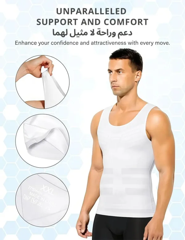 This men's slimming body shaper vest provides compression and tummy control, shaping the abdomen and back for a more sculpted physique under any clothing.