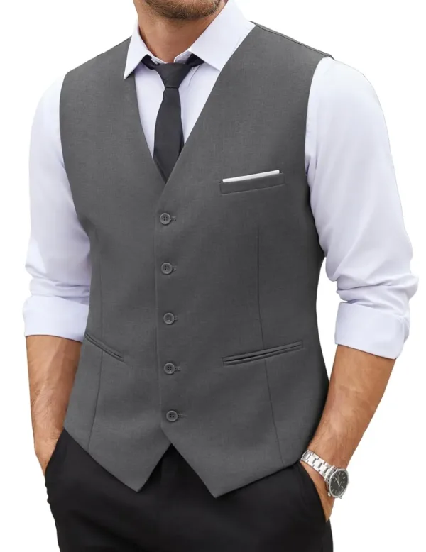 This men's slim fit suit vest by COOFANDY features a classic v-neck, adjustable back buckle, and contrasting chest pocket, making it perfect for business casual or formal occasions.