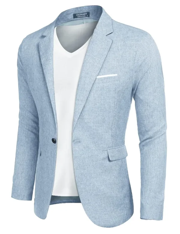 This COOFANDY men's slim fit blazer features a notched lapel, one-button closure, functional pockets and is versatile for formal or casual wear.