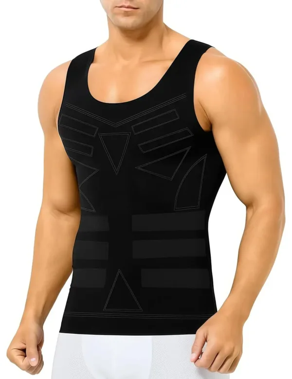 This men's slimming compression vest is designed to shape the abdomen, improve posture with its back support, and offer breathable comfort under any clothing.