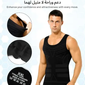 This men's slimming compression vest is designed to shape the abdomen, improve posture with its back support, and offer breathable comfort under any clothing.