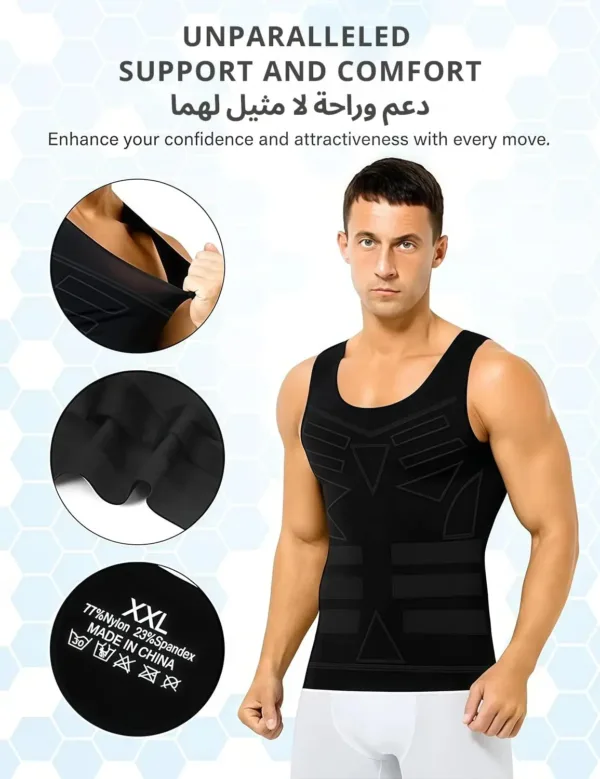 This men's slimming compression vest is designed to shape the abdomen, improve posture with its back support, and offer breathable comfort under any clothing.