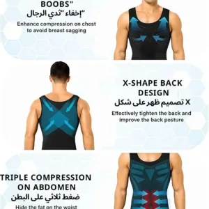 This men's slimming compression vest is designed to shape the abdomen, improve posture with its back support, and offer breathable comfort under any clothing.