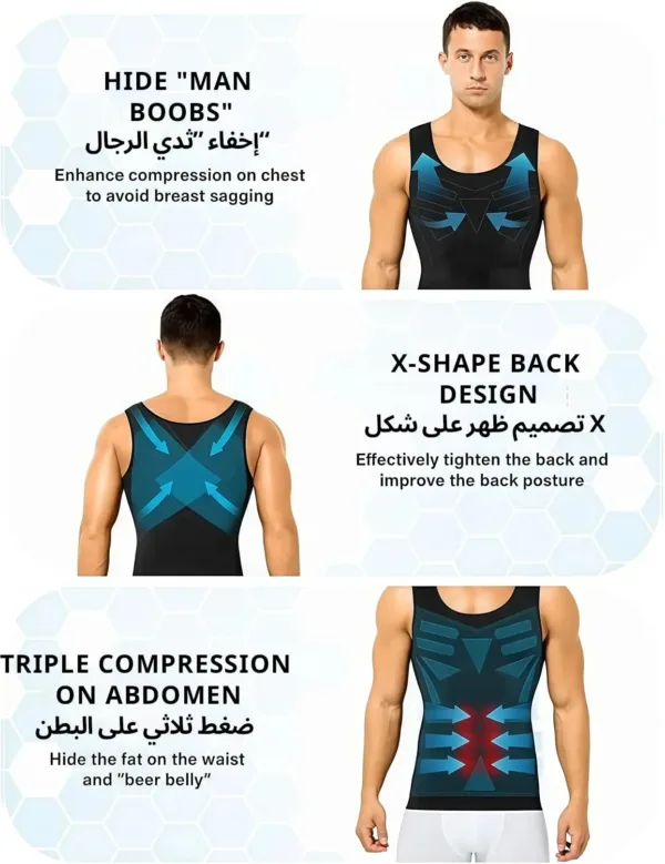 This men's slimming compression vest is designed to shape the abdomen, improve posture with its back support, and offer breathable comfort under any clothing.