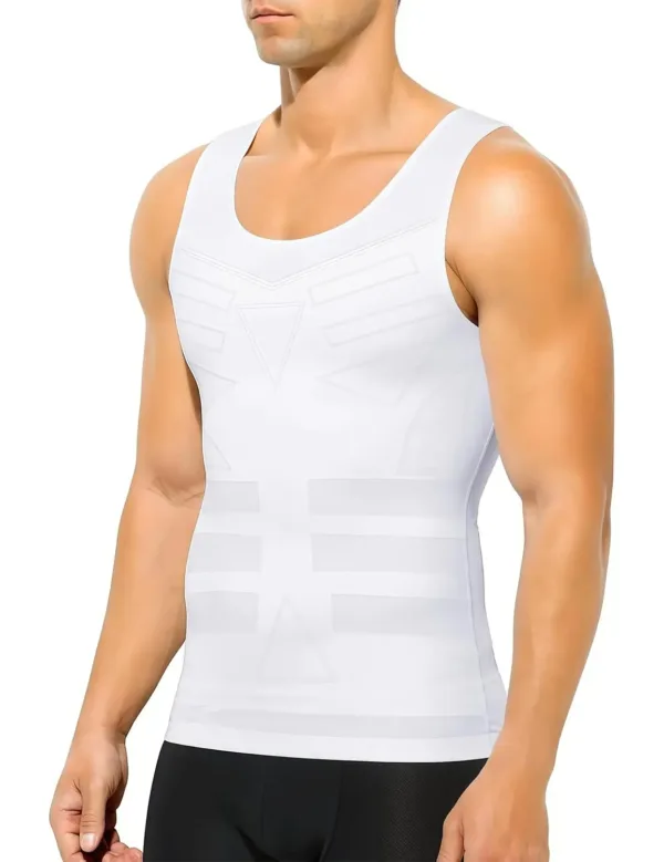 This men's slimming compression vest is designed to shape the abdomen, improve posture with its back support, and offer breathable comfort under any clothing.