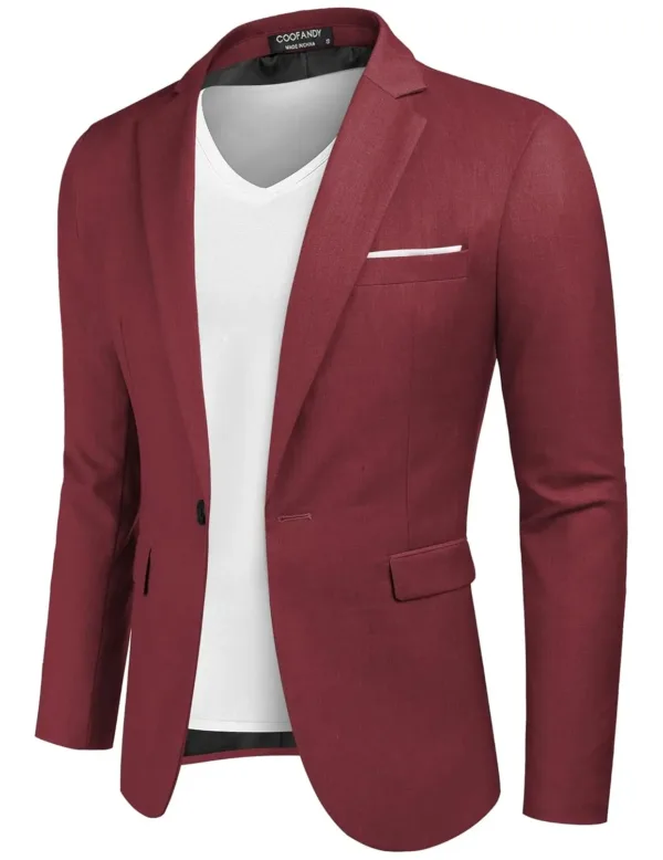 This men's casual slim fit blazer is crafted from a premium polyester blend, featuring a notched lapel, one-button closure, and multiple pockets, perfect for dressing up or down for any occasion.