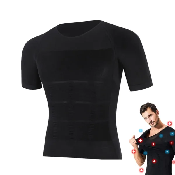This men's black compression undershirt provides instant shaping results and a slimming effect, perfect for wearing under workout shirts or formal attire to enhance your physique and tummy control.