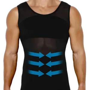 This men's compression shirt is a body shaper tank top designed to provide abdomen compression and improve posture, offering a sculpted appearance under clothing.