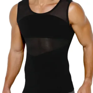 This men's compression shirt is a body shaper tank top designed to provide abdomen compression and improve posture, offering a sculpted appearance under clothing.