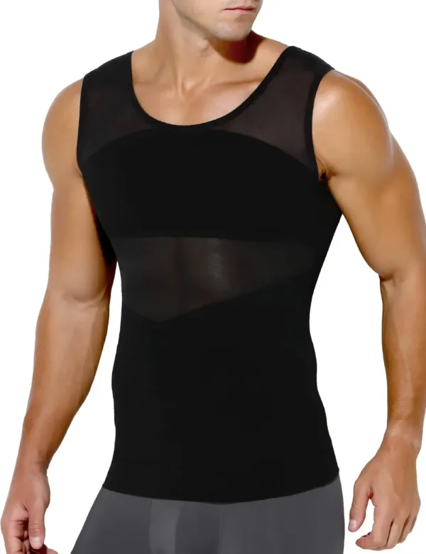 This men's compression shirt is a body shaper tank top designed to provide abdomen compression and improve posture, offering a sculpted appearance under clothing.