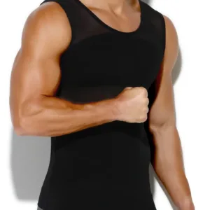 This men's compression shirt is a body shaper tank top designed to provide abdomen compression and improve posture, offering a sculpted appearance under clothing.