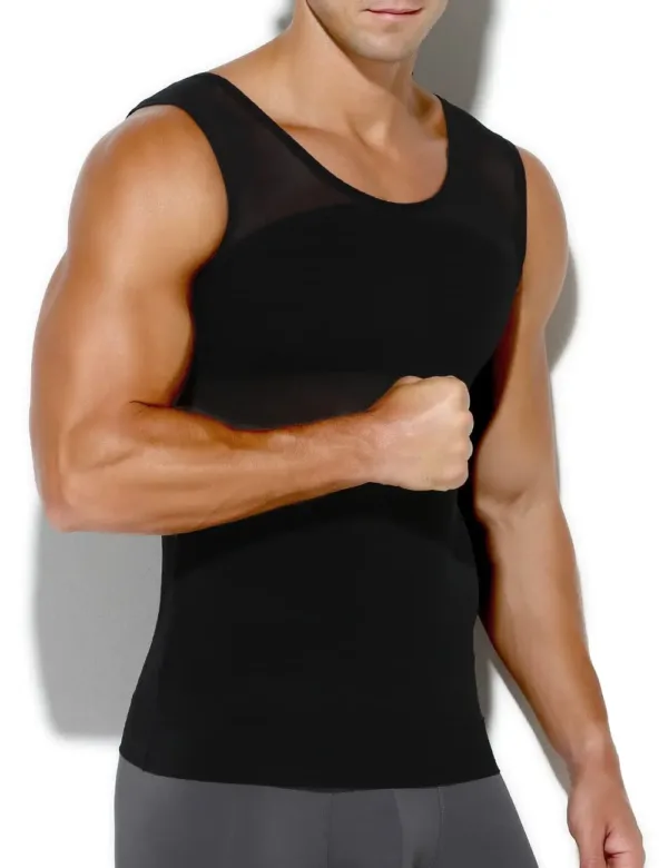This men's compression shirt is a body shaper tank top designed to provide abdomen compression and improve posture, offering a sculpted appearance under clothing.