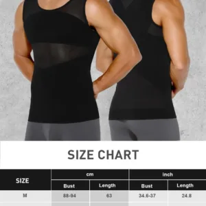 This men's compression shirt is a body shaper tank top designed to provide abdomen compression and improve posture, offering a sculpted appearance under clothing.