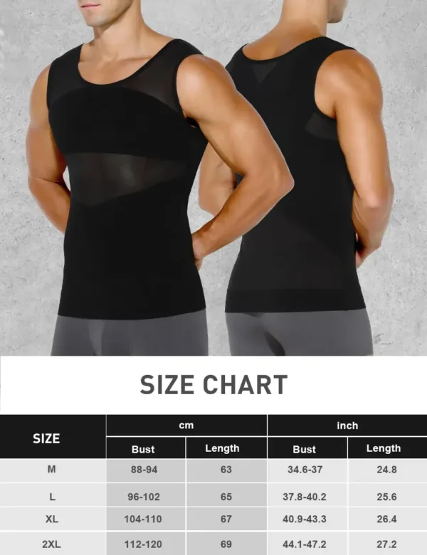 This men's compression shirt is a body shaper tank top designed to provide abdomen compression and improve posture, offering a sculpted appearance under clothing.