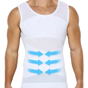This men's compression shirt is a body shaper tank top designed to provide abdomen compression and improve posture, offering a sculpted appearance under clothing.
