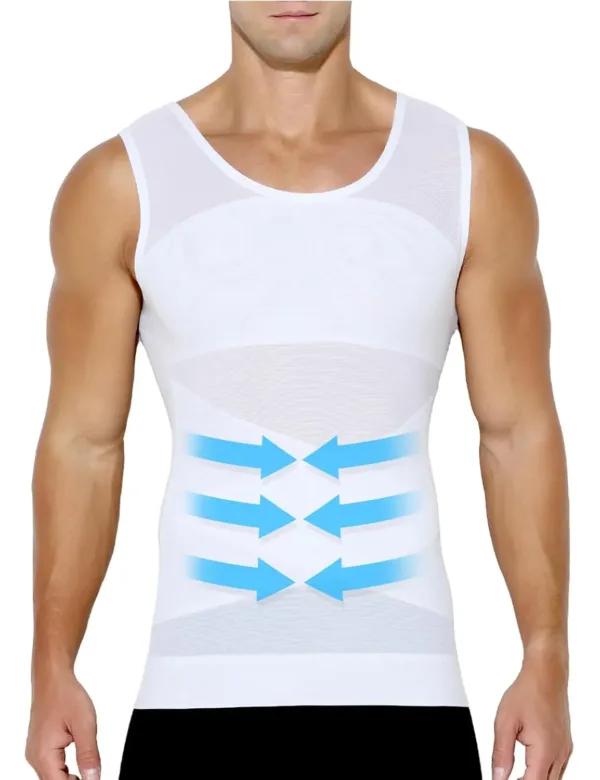 This men's compression shirt is a body shaper tank top designed to provide abdomen compression and improve posture, offering a sculpted appearance under clothing.