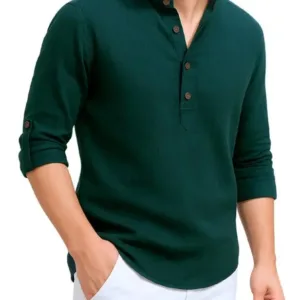 This stylish men's kurta features a modern mandarin collar, roll-up sleeves, and a comfortable cotton blend, perfect for casual or semi-formal wear.