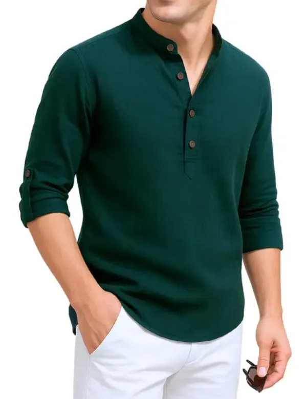 This stylish men's kurta features a modern mandarin collar, roll-up sleeves, and a comfortable cotton blend, perfect for casual or semi-formal wear.