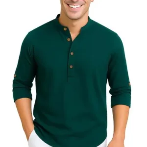 This stylish men's kurta features a modern mandarin collar, roll-up sleeves, and a comfortable cotton blend, perfect for casual or semi-formal wear.