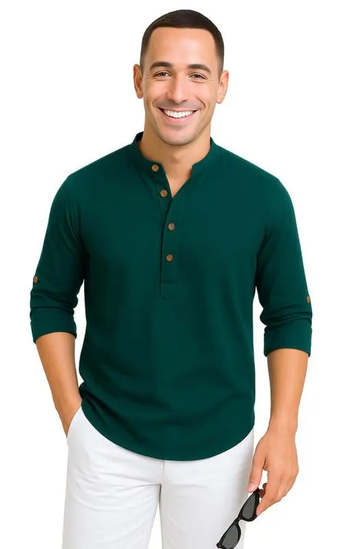 This stylish men's kurta features a modern mandarin collar, roll-up sleeves, and a comfortable cotton blend, perfect for casual or semi-formal wear.