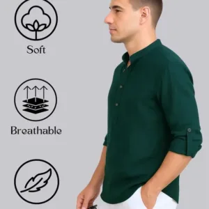 This stylish men's kurta features a modern mandarin collar, roll-up sleeves, and a comfortable cotton blend, perfect for casual or semi-formal wear.