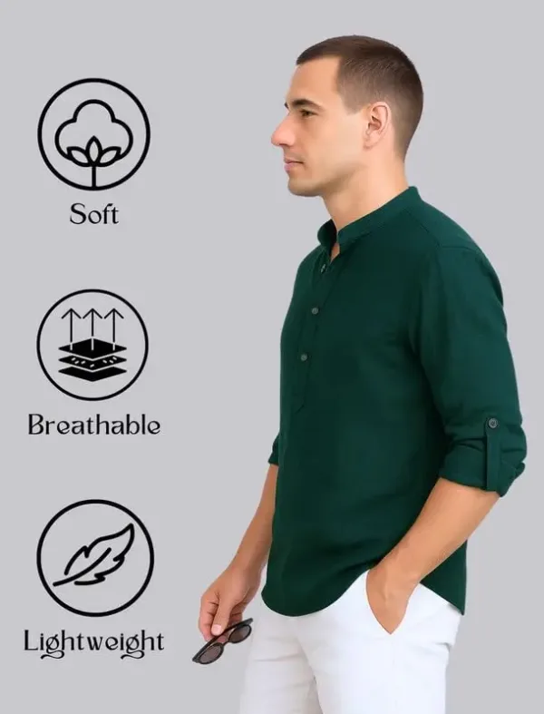 This stylish men's kurta features a modern mandarin collar, roll-up sleeves, and a comfortable cotton blend, perfect for casual or semi-formal wear.