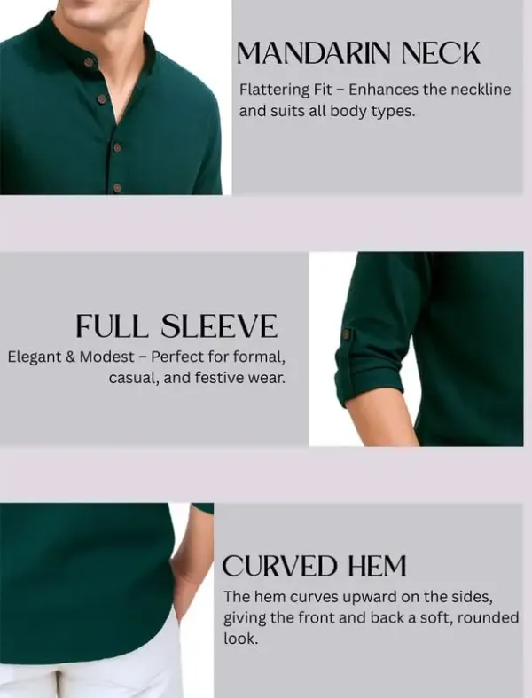 This stylish men's kurta features a modern mandarin collar, roll-up sleeves, and a comfortable cotton blend, perfect for casual or semi-formal wear.