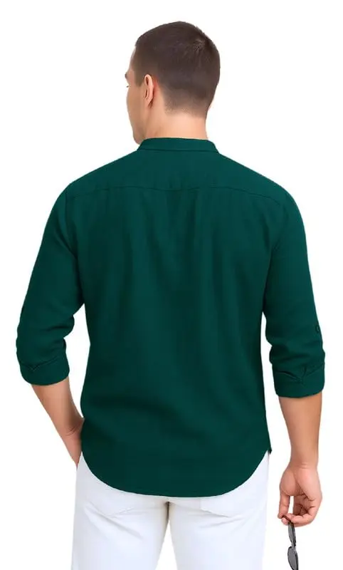 This stylish men's kurta features a modern mandarin collar, roll-up sleeves, and a comfortable cotton blend, perfect for casual or semi-formal wear.