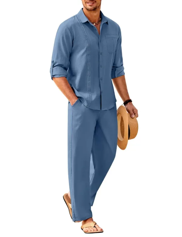 This men's two piece linen set features a long sleeve button down Cuban shirt and loose pants, perfect for beach vacations and casual wear.