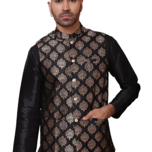 This elegant brocade Nehru jacket for men adds a touch of royal Indian style to any outfit, perfect for weddings and festive occasions.