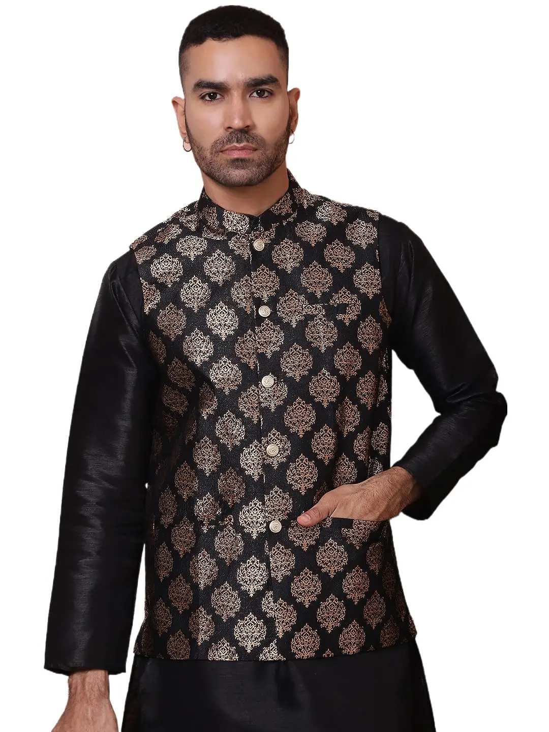 This elegant brocade Nehru jacket for men adds a touch of royal Indian style to any outfit, perfect for weddings and festive occasions.