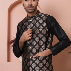This elegant brocade Nehru jacket for men adds a touch of royal Indian style to any outfit, perfect for weddings and festive occasions.