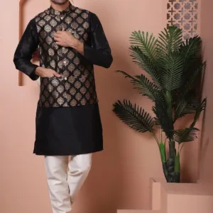 This elegant brocade Nehru jacket for men adds a touch of royal Indian style to any outfit, perfect for weddings and festive occasions.
