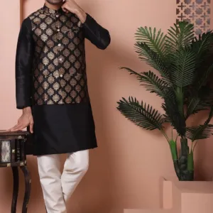 This elegant brocade Nehru jacket for men adds a touch of royal Indian style to any outfit, perfect for weddings and festive occasions.