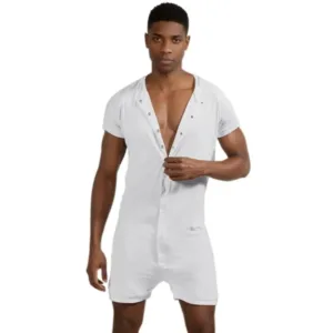 This men's short-sleeve onesie pajama is made from a soft, stretchy blend of polyester and spandex, featuring a comfortable crew neck and convenient snap closure for easy wear.