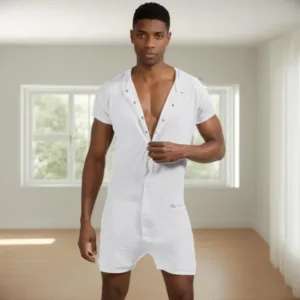 This men's short-sleeve onesie pajama is made from a soft, stretchy blend of polyester and spandex, featuring a comfortable crew neck and convenient snap closure for easy wear.