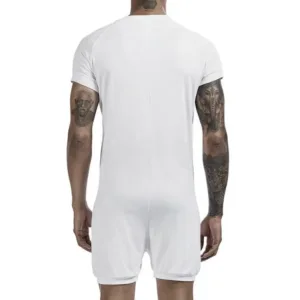 This men's short-sleeve onesie pajama is made from a soft, stretchy blend of polyester and spandex, featuring a comfortable crew neck and convenient snap closure for easy wear.