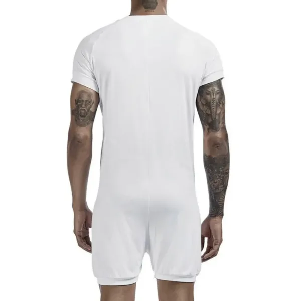 This men's short-sleeve onesie pajama is made from a soft, stretchy blend of polyester and spandex, featuring a comfortable crew neck and convenient snap closure for easy wear.