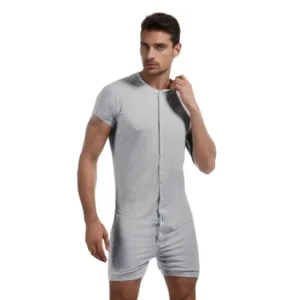 This men's short-sleeve onesie pajama is made from a soft, stretchy blend of polyester and spandex, featuring a comfortable crew neck and convenient snap closure for easy wear.