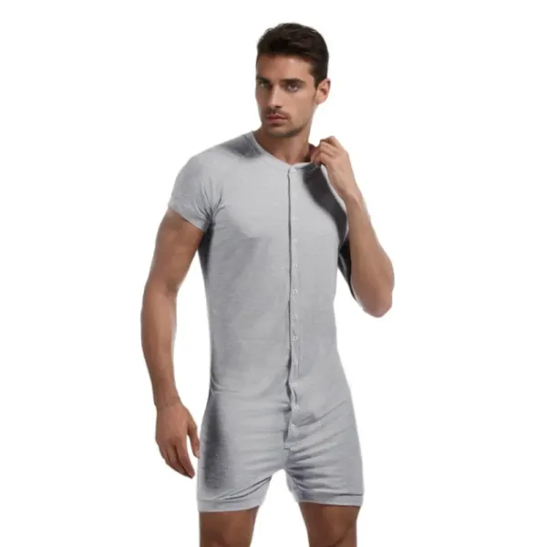 This men's short-sleeve onesie pajama is made from a soft, stretchy blend of polyester and spandex, featuring a comfortable crew neck and convenient snap closure for easy wear.