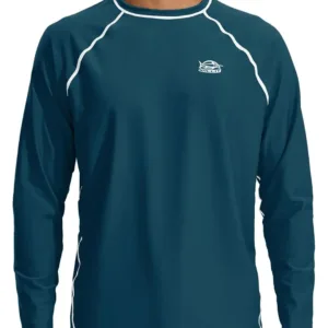 This men's long-sleeve rash guard swim shirt offers UPF 50+ sun protection, quick-drying fabric, and a comfortable, loose fit for swimming and outdoor activities.