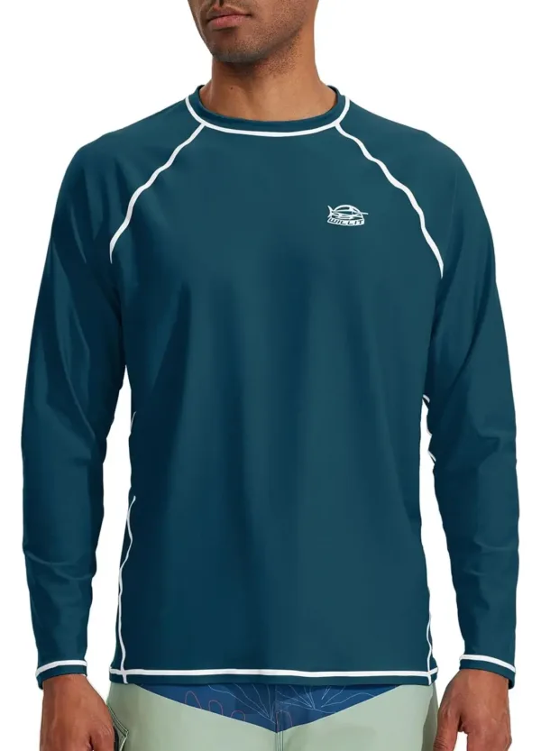 This men's long-sleeve rash guard swim shirt offers UPF 50+ sun protection, quick-drying fabric, and a comfortable, loose fit for swimming and outdoor activities.