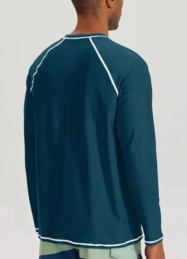 This men's long-sleeve rash guard swim shirt offers UPF 50+ sun protection, quick-drying fabric, and a comfortable, loose fit for swimming and outdoor activities.