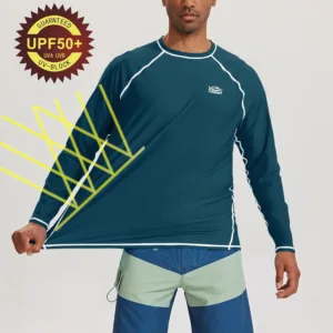 This men's long-sleeve rash guard swim shirt offers UPF 50+ sun protection, quick-drying fabric, and a comfortable, loose fit for swimming and outdoor activities.