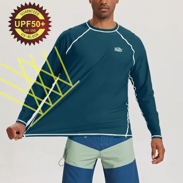 This men's long-sleeve rash guard swim shirt offers UPF 50+ sun protection, quick-drying fabric, and a comfortable, loose fit for swimming and outdoor activities.