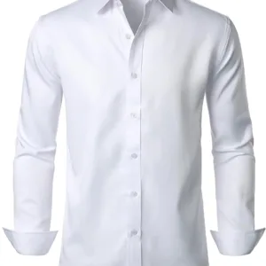 A wrinkle-free slim fit dress shirt for men, made from slightly shiny, elastic polyester-spandex fabric, featuring long sleeves and a comfortable wider waist.
